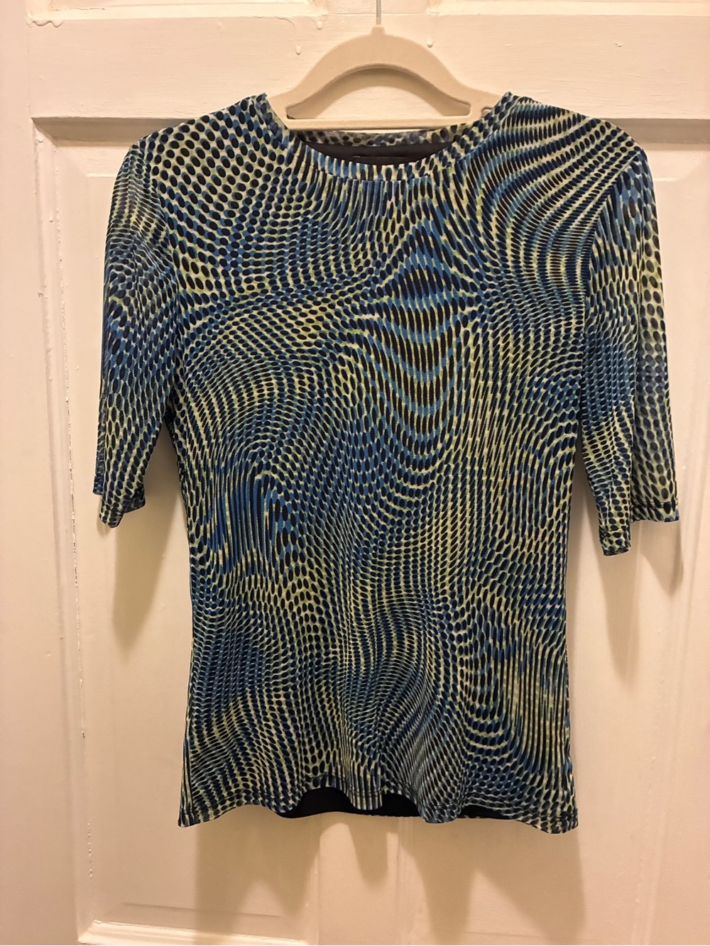 The Limited Blue and Pale Yellow Optical Wave Short Sleeve Top